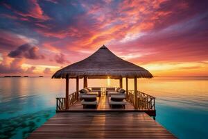 AI generated Captivating Maldives ocean beach sunset. Generate Ai photo