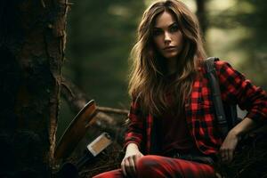 AI generated Resilient Lumberjack woman forest. Generate Ai photo