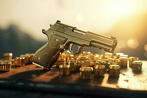 AI generated Golden pistol laying on gold blocks. Generate ai photo