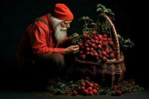 AI generated Careful Man squatting basket for berries. Generate Ai photo