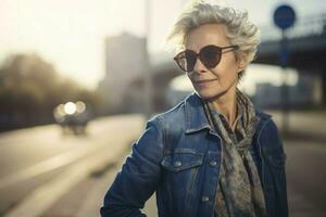 ai generado retrato fotografía mayor mujer con Gafas de sol en calzada. generar ai foto