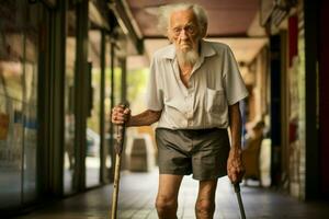 AI generated Grumpy elderly citizen man with walking sticks. Generate ai photo