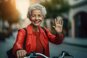 ai generado sonriente mujer en casual atuendo ondulación en calle. generar ai foto