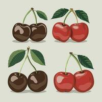 four cherries with leaves and one with a stem vector