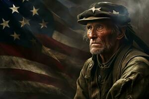 ai generado patriótico americano militar hombre parte superior sombrero bandera EE.UU. generar ai foto