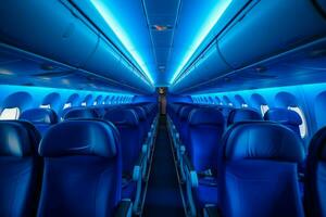 AI generated Unoccupied Empty aircraft blue interior light. Generate Ai photo