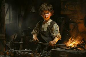 AI generated Tenacious Blacksmith child forge. Generate Ai photo