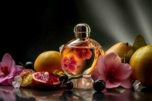 AI generated Perfume bottle among fruits and flowers. Generate ai photo