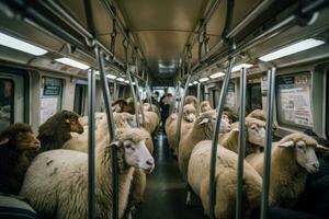 AI generated Sheep crammed subway commuters. Generate ai photo