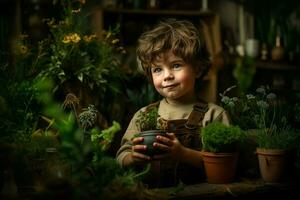 AI generated Vibrant Botanic plants child boy. Generate Ai photo