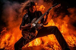 AI generated Dynamic Guitarist take on fire. Rock stage music photo