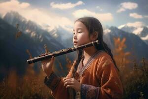 AI generated Girl plays flute mountains. Generate AI photo
