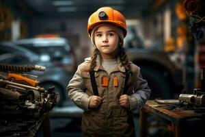 AI generated Engineer child girl car assembly shop. Generate AI photo