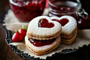 ai generado romántico corazones mermelada galletas san valentin día. generar ai foto