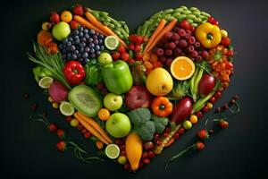 ai generado romántico corazón conformado frutas y vegetales. generar ai foto