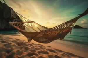 AI generated Hammock on exotic beach with sunrise scenery. Generate ai photo