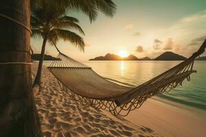 AI generated Hammock on tropical beach with sunrise view. Generate ai photo