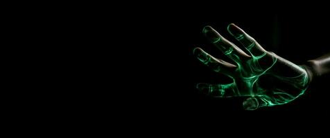 ai generado verde holograma de humano mano en oscuro antecedentes bandera. generar ai foto
