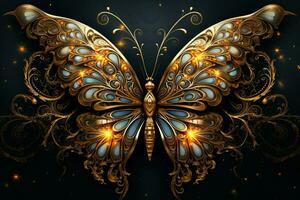 AI generated Intricate Golden butterfly wallpaper. Generate Ai photo