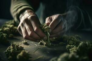 AI generated Hands grinding marijuana buds. Generate AI photo