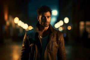 AI generated Handsome masculine man in leather jacket on luminous dark street. Generate ai photo