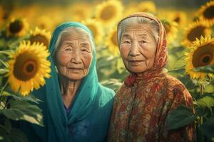 AI generated Mongolian old women in sunflower field. Generate ai photo