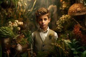 AI generated Flourishing Botanic plants child boy. Generate Ai photo