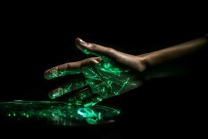 AI generated Green hologram of human hand on dark background. Generate ai photo