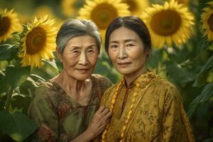 AI generated Mongolian mature women in sunflower field portrait. Generate ai photo