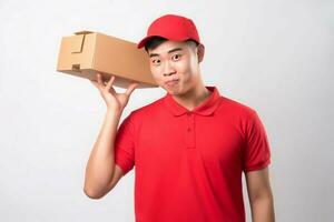 AI generated Handsome young chinese delivery. Generate AI photo