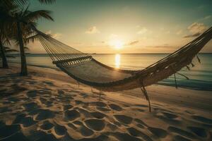 AI generated Hammock on tropical coastline with sunrise scenic view. Generate ai photo