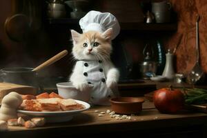 AI generated Kitten chef cooking in kitchen. Generate ai photo