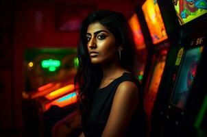 AI generated Indian woman model in gambling club. Generate ai photo