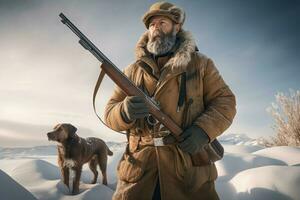 AI generated Hunter with riffle in wintertime. Generate ai photo