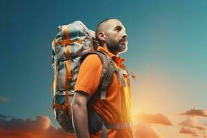 AI generated Bearded man traveler lifting backpack outdoor portrait. Generate ai photo