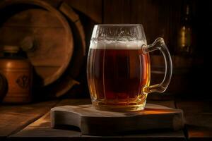 AI generated Large beer mug on wooden board. Generate ai photo