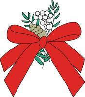 Ribbon tied into a beautiful bow, drawn with simple lines. The bow is attached to gift boxes or embellishes cards. Hand drawn bow with simple lines. Ribbon tied Christmas bow adorned with holly. vector