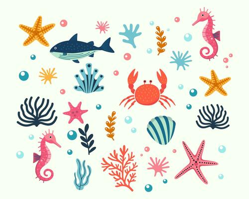 Marine life illustration pattern vector coral, shell, scallop, starfish, deep sea background layout silhouette printable