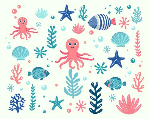 Marine life illustration pattern vector coral, shell, scallop, starfish, deep sea background layout silhouette printable