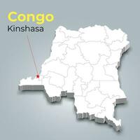 congo 3d mapa con fronteras de regiones y sus capital vector