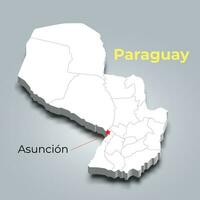 Paraguay 3d map with borders of regions and its capital vector