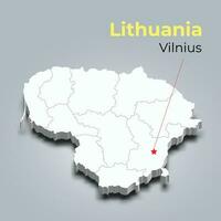 Lituania 3d mapa con fronteras de regiones y sus capital vector