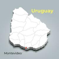 Uruguay 3d map with borders of regions and its capital vector