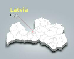 Latvia 3d map with borders of regions and its capital vector