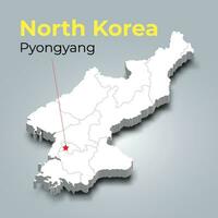 North Korea 3d map with borders of regions and its capital vector