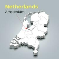 Netherlands 3d map with borders of regions and its capital vector