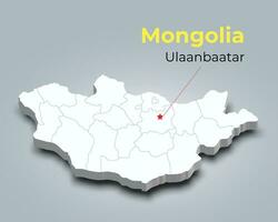 Mongolia 3d map with borders of regions and its capital vector