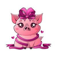 Kawaii pig with a bow got tangled in a gift ribbon. Cute animals for Valentine's Day vector