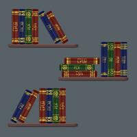 estantería con libros electrónicos en diferente formatos epab, móvil, pdf. realista cuero libro espinas con oro realce. interfaz diseño para un electrónico biblioteca vector