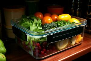 ai generado refrigerador encontrar recuperando un comida envase desde el refrigerador para un comida ai generado foto